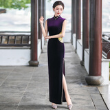 2025新款走秀旗袍丝绒高端大气上档次复古妈妈舞台演出服日常可穿 紫色-- 无袖 M