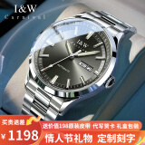 I&W CARNIVAL HWGUOJI瑞士品牌IW手表男机械表防水超薄男士手表进口机芯全自动商务男表 夜光双日历款/银黑钢带