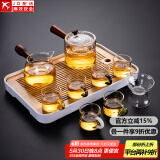 透明玻璃茶具套装家用日式现代简约带内胆过滤泡茶壶茶盘托盘茶杯 直觉壶(六色/把杯)套装_长方(琴韵)密胺/白