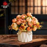 爱已装糖 假花仿真花中式摆件塑料花装饰绢花餐桌花陶瓷花瓶套装 菊花苞黄