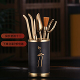 仟依格茶道六君子6件套茶筒单筒茶夹茶勺养壶笔茶叉茶刀黑檀木茶具配件 冰心玉洁六君子【黄铜配件】