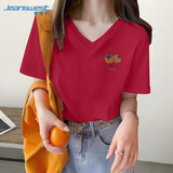 真维斯（Jeanswest）短袖t恤女夏季天蓝色V领内搭低领上衣服2026年新款正肩短袖女生