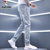 啄木鸟高端牛仔裤男潮流秋冬新款加绒男士牛仔裤休闲裤修身小脚弹力长裤 1632浅蓝色 31