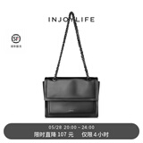 INJOYLIFE流浪包小众软皮通勤包机车大容量单肩包双链条女包牛皮方包 黑色