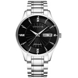 欧美时手表男士石英表瑞士认证双日历气质镶钻防水女士情侣名表 本色黑面钢带【绅士男表】