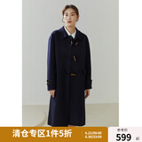 独束大码女装学院风牛角扣双面呢大衣女冬季新款微胖mm中长款外套 藏青色 L （尺码：2）
