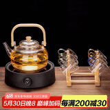 瓷牌茗茶具（cipaiming teaset） 电陶炉煮茶器煮茶壶茶炉家用小型电茶炉加厚耐热玻璃茶壶 竹柄煮茶壶+简约黑炉6彩杯+架
