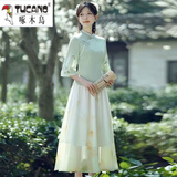 啄木鸟新中式汉元素禅意茶服旗袍两件套改良汉服女文艺国风仙气上衣套装 绿色上衣+杏色裙子【两/件套】 2XL 建议120-130斤