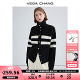 VEGA CHANG高领羊毛开衫女2024年秋冬新款加厚保暖气质条纹针织衫 毛绒黑 S