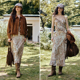 Olrain欧芮儿度假风浪漫荷叶吊带连衣裙女装秋季新款无袖长裙 花色 L