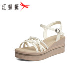 红蜻蜓坡跟凉鞋女夏季厚底水钻一字带凉鞋外穿WTK25015 米色 35