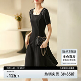 尚都比拉短袖连衣裙女夏季时尚通勤中长款a字裙钉珠收腰显瘦裙子 黑色 S