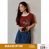 独束大码女装美式复古怀旧风城市印花T恤女夏季微胖mm显瘦圆领上衣 落霞红 M