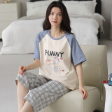 帕美琪睡衣女夏季纯棉短袖圆领甜美宽松家居服青年简约七分裤套装可外穿 7268 L (160) 105-120斤