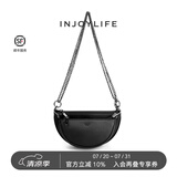 INJOYLIFE复古马鞍包通勤休闲流浪包双链条包斜挎包包半圆子母包 黑色