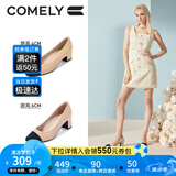 COMELY康莉小香风单鞋女春夏季新款拼接羊皮法式粗跟通勤百搭高跟鞋鞋子 粉杏色（跟高6CM) 36