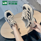 木林森老爹鞋女秋冬季小白鞋增高跑步运动鞋女厚底休闲鞋女鞋 米黑 36 