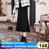 百图betu百图女装冬季新款半身裙复古竖纹肌理鱼尾裙女2311T64 黑色 M