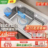 箭牌（ARROW）厨房水槽聚宝盆大单槽 304不锈钢洗菜盆台下盆 日式多功能大口径 压纹大口径排水-80*48不含龙头
