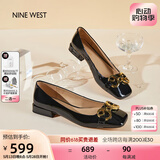 NINE WEST/玖熙低跟单鞋牛漆皮浅口方头金属饰扣工作女鞋NF445006FK 黑色35
