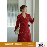 独束大码女装法式小翻领连衣裙女夏季新款遮肉显瘦雪纺裙子 红色长袖 L