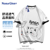 NASA GISS短袖t恤男夏季假两件上衣卡通印花男士宽松圆领半袖 白色 XL 