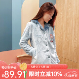 芬腾 珊瑚绒睡衣女冬季加厚法兰绒开衫加绒休闲秋冬款家居服套装 浅兰（卡通） S