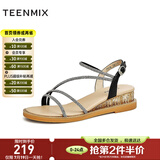 天美意凉鞋女商场同款闪钻细带坡跟简约女鞋CTI16BL3 黑色 38