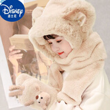 迪士尼（Disney）儿童帽子冬季三件套宝宝加绒手套超厚男女童冬天保暖帽子围巾一体 立体小熊三件套-米色 3-8岁(50-54cm)