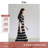 旅途原品（ltyp）真丝亚麻棉休闲V字翻领条纹针织连衣裙女直筒中长裙 杏黑色-经典条纹-真丝亚麻棉 L -XL-165-170cm（现货）