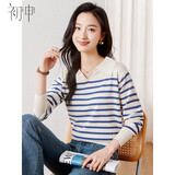初申针织衫女法式条纹撞色设计感V领气质毛衣上衣S13KZ3038 白色 M