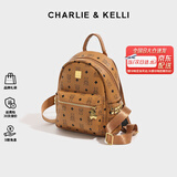 CHARLIE&KELLI CK品牌轻奢包包女包双肩包女士2025新款满印背包书包女生日礼物 棕色大号【京仓配送 赠礼袋】