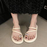 旻胜 凉拖鞋女2025新款夏季外穿套趾蝴蝶结拖鞋百搭法式沙滩人字拖女 米白色 38-39