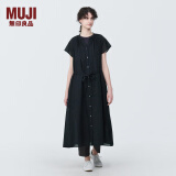 无印良品（MUJI）女式 强捻法国袖连衣裙 女装裙子夏季纯棉全棉衬衫连身裙BC2JGC4S 黑色 L(165/88A)