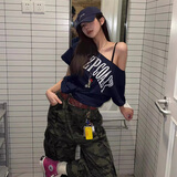心楠美式复古辣妹斜肩短袖t恤女夏季2026新款宽松慵懒风露肩别致上衣 藏青色L码【建议100-120斤】