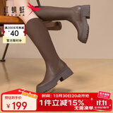 红蜻蜓骑士靴女秋冬长筒靴厚底高筒靴百搭瘦瘦靴皮靴WTC43811棕色39