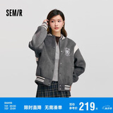 森马（Semir）外套女刺绣拼接撞色宽松夹克2024冬季仿毛呢棒球服109724108004