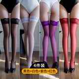 臻媚丝袜女防勾丝蕾丝长筒袜到大腿根打底袜4件装 白+黑+红+紫700088