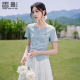 香影浅蓝色t恤女短袖正肩2026夏季新款开叉漂亮独特掐腰上衣小衫 浅蓝 XL 170/92A/125-140斤