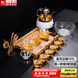 正扬玻璃功夫茶具套装家用锤纹花梨木双侧把泡茶壶耐热茶杯办公整套小 16头 锤侧花条纹套+盘洗+钻白养