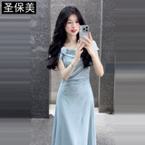 圣保美蓝色短袖连衣裙女夏季2026新款气质赫本风礼服显瘦收腰长裙高级感 【蓝色】(优质版) M 码
