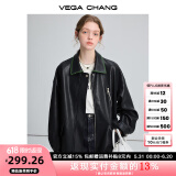 VEGA CHANG黑色皮衣女2025春秋宽松显瘦机车风pu皮短外套 松绿黑 M