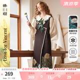 两三事梵高文艺无袖连衣裙女2025春新款法式复古背心裙午夜思潮 黑色 L
