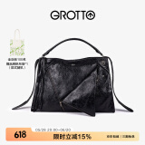 GROTTO个乐翻领包真皮大容量通勤小众机车风手提单肩斜挎包礼物 经典黑(牛皮)  L
