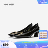 NINE WEST/玖熙牛漆皮革女单鞋优雅方头浅口粗跟通勤鞋NH208005FT黑色 38