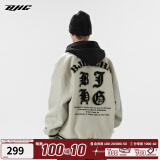 BJHG不计后果春毛呢PU皮拼接夹克男女高街国潮宽松绣花棒球服休闲外套 灰色 XL  (140-160斤）