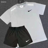 NBA VIBE速干训练服体育生训练套装短袖田径男女跑步套装健身篮球运 G条领白色套装(冰丝短袖+速干短裤) XL 110-130斤