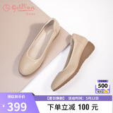 金利来（goldlion）女鞋坡跟皮鞋时尚圆头牛皮浅口一脚蹬单鞋女 G662320016杏色35