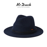Mr DUCK澳洲90支100%羊毛礼帽男高端上海滩大檐毡帽秋冬保暖复古绅士帽子 大帽檐7cm深遂蓝（100%超细羊毛）-MW186232 L（适合59-60cm头围) 可调节