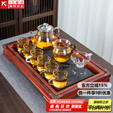 正扬玻璃茶具套装家用日式功夫简约整套茶盘小办公泡茶壶茶杯透明过滤 10头 400壶套+6色把+铜扣舍得红